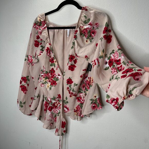 NWT Leith Pink Adobe Taupe Pink Red Floral Print Bell Sleeve Ruffle Wrap Top S - Picture 3 of 14